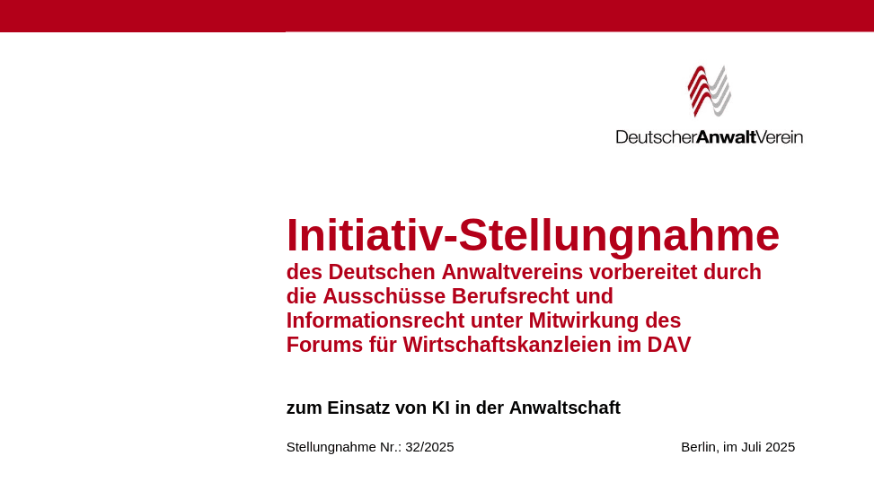 Cover Image for DAV statement: Use of AI compatible with the legal profession